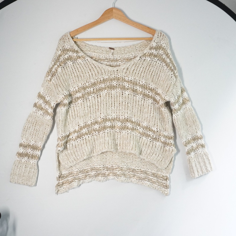 Free People Knit Linus Sweater V-Neck Striped Pullover‎ Oversized XS Hi Low Cozy